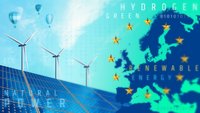 Solar Panels und Windräder sind vor dem Hintergrund des europäischen Kontinents und der Europa Fahne zu sehen.