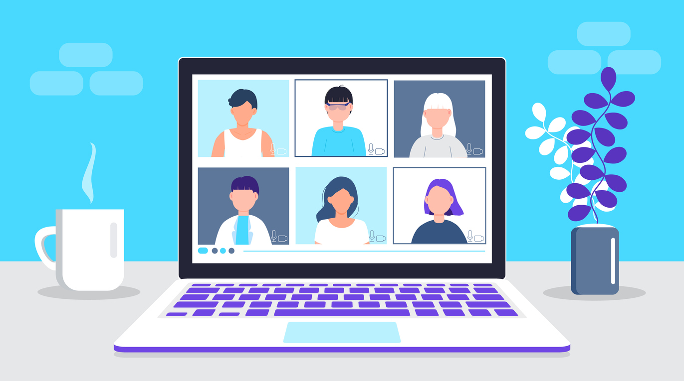 Remote-Arbeit. Video-Call-Konferenzkonzept. Online-Kurs gemütlich mit Kaffee. Telekonferenz und Webinar Illustration